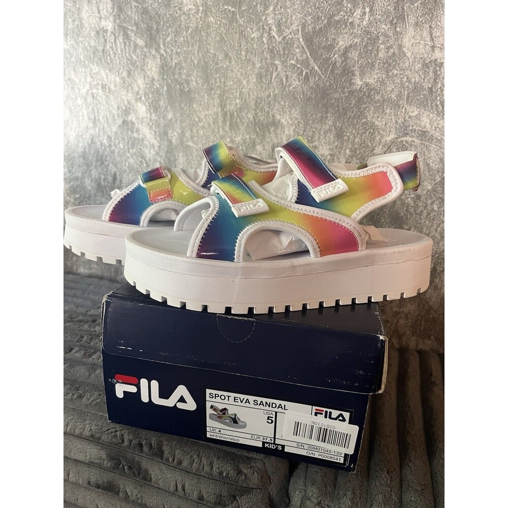 FILA Spot EVA Platform Sandals Kids Size 5 Rainbow Iridescent White NEW IN BOX
